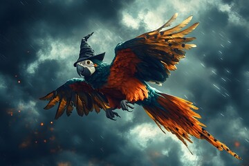 Dramatic 3D of Parrot in Witch Costume Flying Through Stormy Fantasy Sky