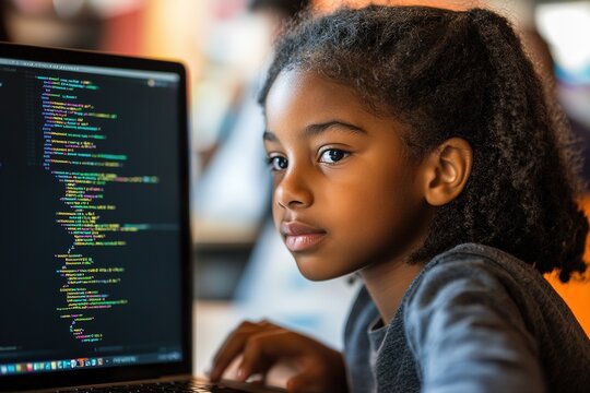 Young girl coding on laptop with focus and determination