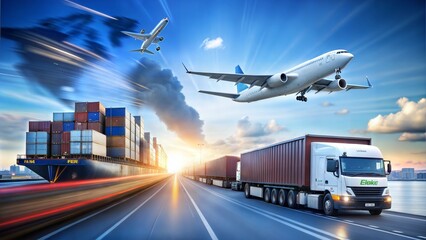 A dynamic image showcasing the integration of air and land transportation with a cargo plane flying over a highway filled with trucks and shipping containers, set against a vibrant cityscape at sunset