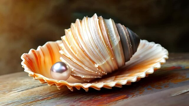Discover the beauty of a pearl nestled in a stunning seashell on a wooden surface at sunset