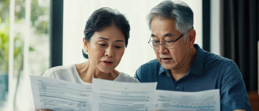 Middleaged Asian couple discussing retirement savings, detailed charts and financial documents in front of them, Retirement Planning, Secure financial future