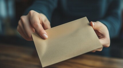 Obraz premium A person holding a blank envelope, showcasing a moment of anticipation and mystery, perfect for conveying personal messages.