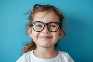 Fototapeta premium Joyful little girl wearing black glasses smiles playfully against a bright blue background