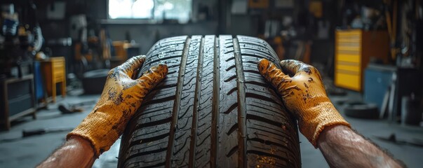 Grease-covered hands holding a large tire in a dimly lit garage, tools scattered in the background, creating a gritty, industrial vibe