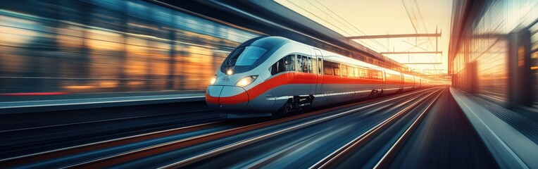 Obraz premium High-speed electric train moving through urban landscape