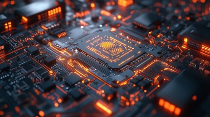 A detailed close up of a computer motherboard. This image can be used to illustrate technology, computer hardware, or electronics-related concepts