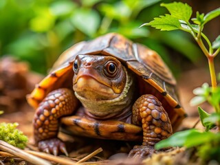 Naklejka premium A small, brown, terrestrial box turtle slowly emerges from its shell, eyes alert, in a natural outdoor setting