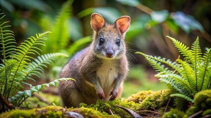 Naklejka premium A small, furry, rat-kangaroo marsupial with distinctive rounded ears and long, pointed snout, pauses in a lush, mossy