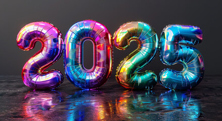 Number 2025 in holographic rainbow balloons