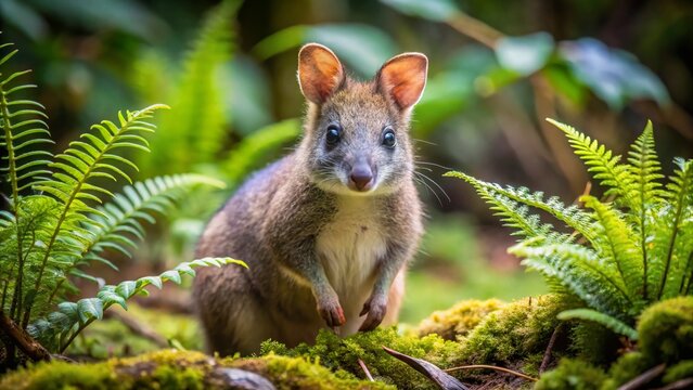 A small, furry, rat-kangaroo marsupial with distinctive rounded ears and long, pointed snout, pauses in a lush, mossy