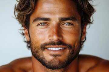 Fototapeta premium charismatic man with dazzling smile studio portrait perfect teeth wellgroomed beard strong jawline fresh hairstyle clean white background