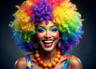 Naklejka premium A smiling African American woman wears a vibrant afro wig, colorful costume, and funky accessories, embodying the