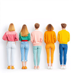 A group of five people are standing next to each other, all wearing different colored clothing. Concept of unity and diversity, as each person is unique in their appearance