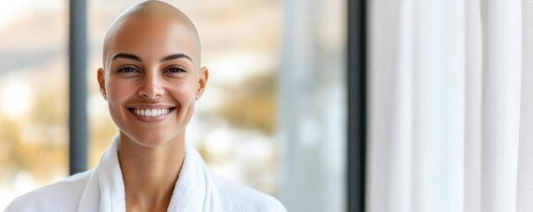 Bald woman smiling during a scalp treatment, natural light streaming through a spa window, rejuvenation and relaxation, healthy wellness-focused lifestyle