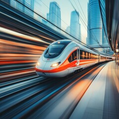 High-speed electric train moving through urban landscape