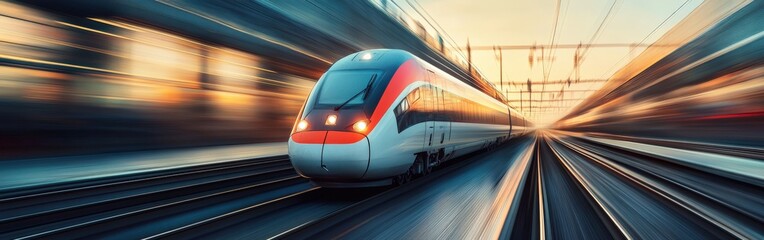 Fototapeta premium High-speed electric train moving through urban landscape