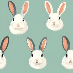 Obraz premium Adorable Rabbit Faces on Mint Green Pastel Background in Seamless Pattern