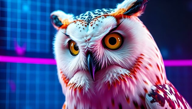 A close-up portrait of a colourful and white owl with large, piercing yellow eyes and a sharp bea