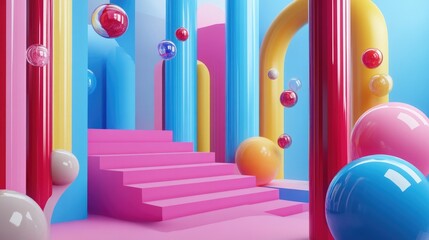 Vibrant Abstract Interior with Colorful Columns, Stairs, and Floating Spheres in a Modern Art Style