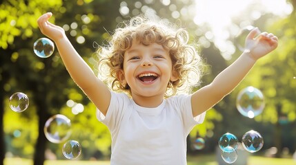 Bubble Joy: A young boy's infectious laughter fills the air as he dances with joyful abandon amidst a flurry of shimmering soap bubbles. Capturing the purest form of childhood happiness. 