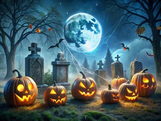 Fototapeta premium A spooky graveyard scene with glowing jack-o'-lanterns, cobweb-covered tombstones, and a full moon, perfect for