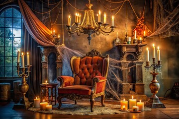 Fototapeta premium A spooky Halloween party scene features a vintage-style mystery novel on a ornate throne, surrounded by cobwebs,