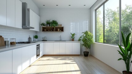 Fototapeta premium An Elegant and Modern White Kitchen Design Featuring Bright and Inviting Natural Light