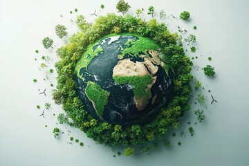 conceptual illustration of ecofriendly sustainable world with green planet earth renewable energy symbols and nature elements surrounding globe depicting environmental conservation efforts