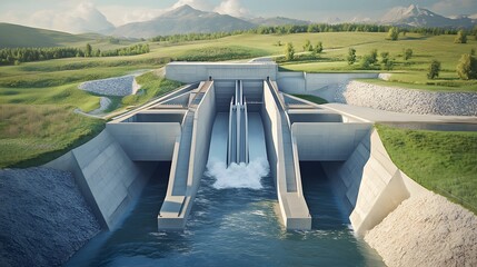 Detailed cutaway of a dam's structural design, hyper-real, showing internal water flow channels, high-quality and sharp graphic illustration