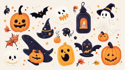 Halloween Themed Illustration with Pumpkins, Ghosts, Bats, and Spooky Elements on a Light Background