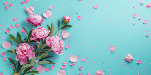 Pink Peonies on Turquoise Background with Petal Confetti
