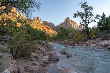 A beautiful view of the Virgin river and red rocks down in the Zion valley.
