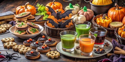 A spooky spread of Halloween-themed treats and snacks, including bat wing-shaped cookies, witches' brew punch, and