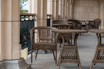 classic wooden furniture on an empty terrace