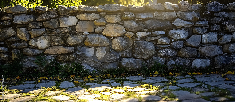 Poster stone wall is a great backdrop for a photo with copy space image on a sunny day