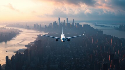 Airplane Flying Over New York City Skyline at Sunset with Skyscrapers and Hudson River in the Background