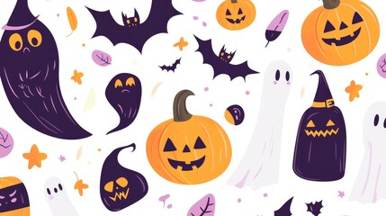 Fototapeta premium Colorful Halloween Cartoon Pattern with Ghosts, Pumpkins, Bats, and Leaves on White Background