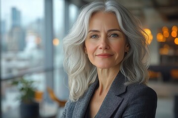 Obraz premium confident senior businesswoman with silver hair and tailored suit standing proudly in modern office city skyline visible through floortoceiling windows