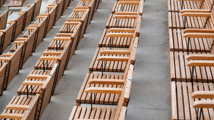 empty wooden classic park benches without people