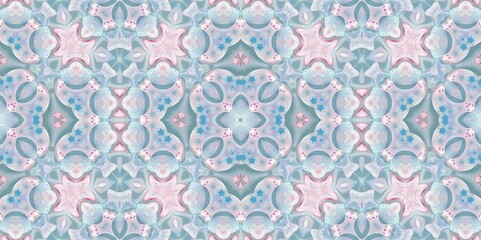 Abstract Kaleidoscope Geometry Psychedelic Art Pastel Pink Blue White Pattern Background