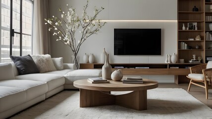 modern living room interior, minimalistic architecture, chill, comfortable, bright and luxurious room, big sofa