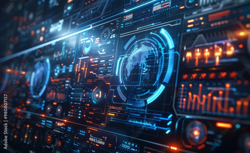Poster futuristic digital interface featuring blue and orange data visualizations and global maps in a tech