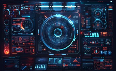 Fototapeta premium Futuristic dashboard interface displaying data analysis and monitoring in a high-tech environment during nighttime