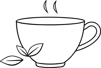 Minimalist Illustration of a Steaming Cup of Tea with Leaves in Line Art Style