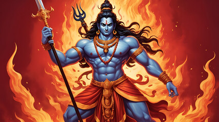 A cute cartoon version of Lord Veerabhadra, an angry form of Lord Shiva, wielding a large sword, surrounded by flames, standing on an isolated fiery red background.