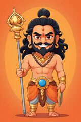Obraz premium A cute cartoon version of Duryodhana, the antagonist from Mahabharata, holding a mace and standing with an arrogant smirk on an isolated orange background.