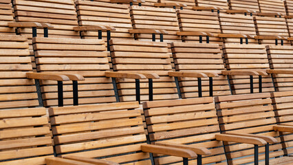 empty wooden classic park benches without people