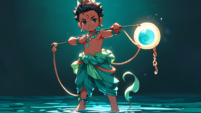 A cute cartoon version of Lord Varuna, the god of water, holding a noose and a shell, standing on an isolated teal background with a calm expression.