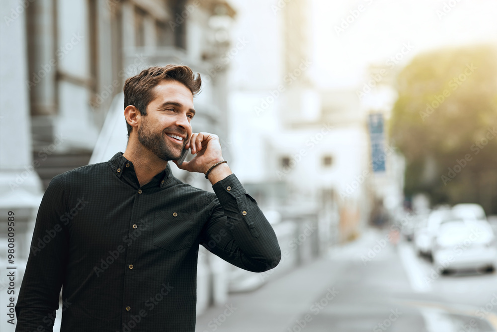 Poster Phone call, thinking or happy man in city walking for vacation travel for sightseeing, explore or adventure. Mobile, conversation or person talking in urban town for weekend, fashion or fun solo trip