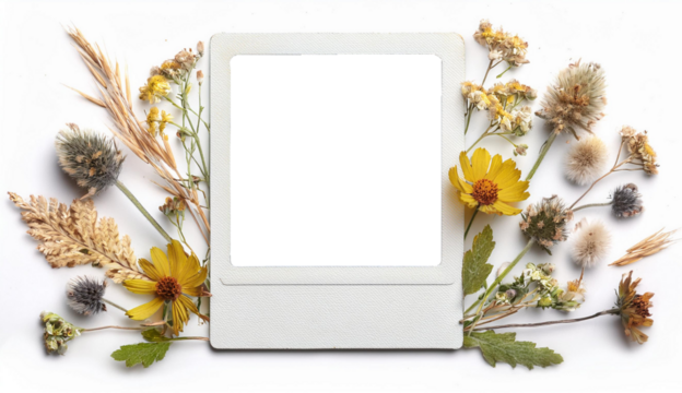 A polaroid photo frame surrounded with wildflowers